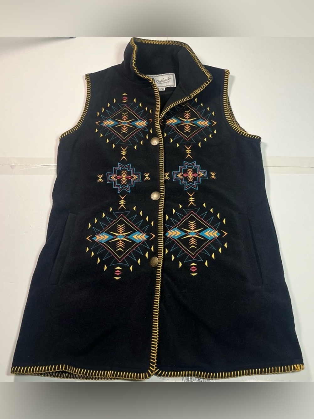 Outback Trading Co Women’s M Sabrina Vest Black Aztec Embroidered Western Wool